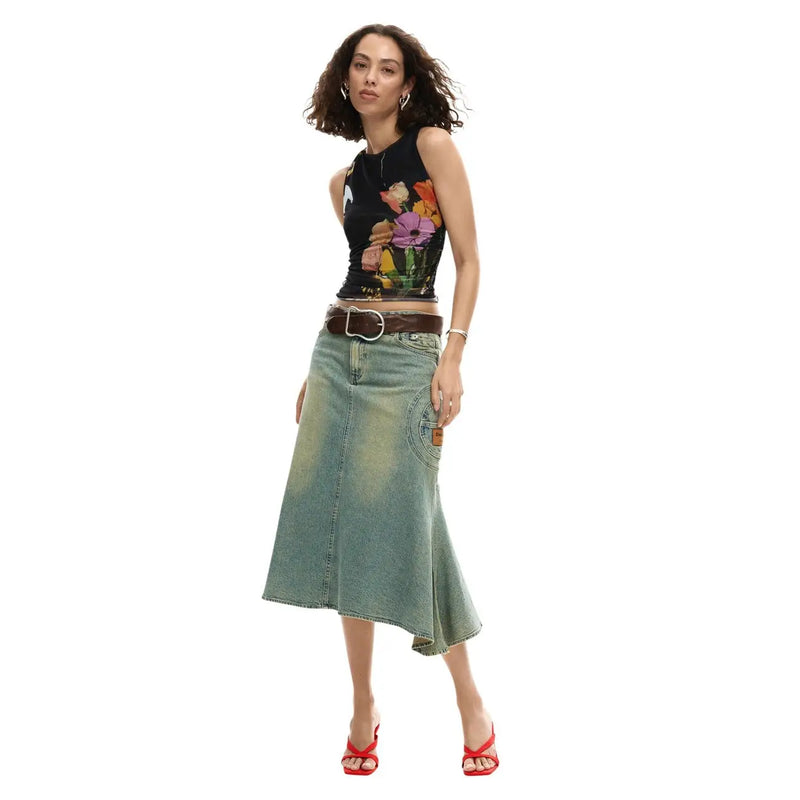 A mid-thigh length denim skirt with faded blue wash asymmetrical hemline and front pocket paired with Desigual women sleeveless floral round neck top black
