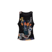 Black sleeveless top by Desigual featuring vibrant collage-style orange and yellow tulips in a teal vase design