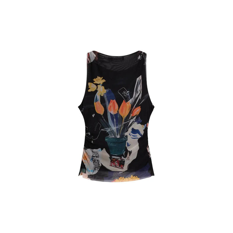 Black sleeveless top by Desigual featuring vibrant collage-style orange and yellow tulips in a teal vase design