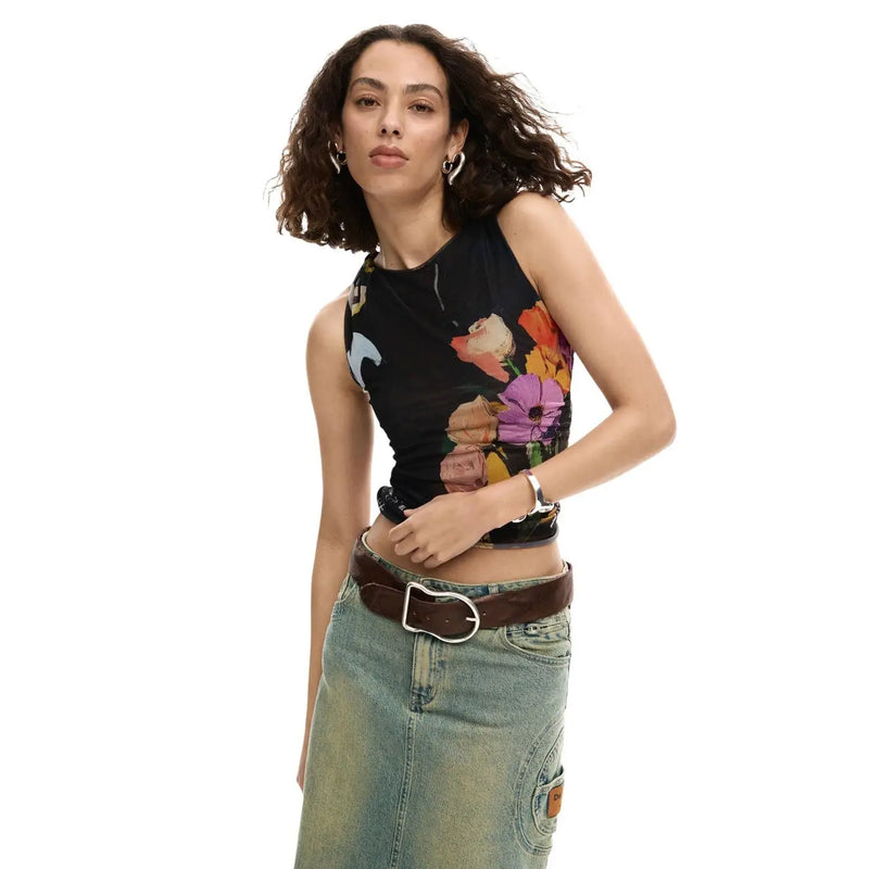 Desigual women sleeveless floral top black with vibrant orange purple and pink blossoms on stretchy fabric