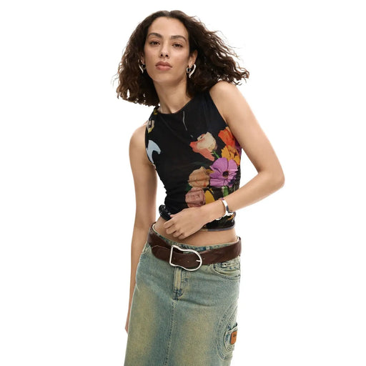 Desigual Damen ärmelloses florales top Schwarz mit leuchtend orangefarbenen, violetten und rosafarbenen Blüten auf dehnbarem Stoff
