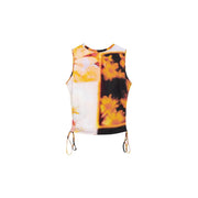 Desigual women sleeveless viscose crop top with bold split-panel design featuring yellow flowers on white and black backgrounds