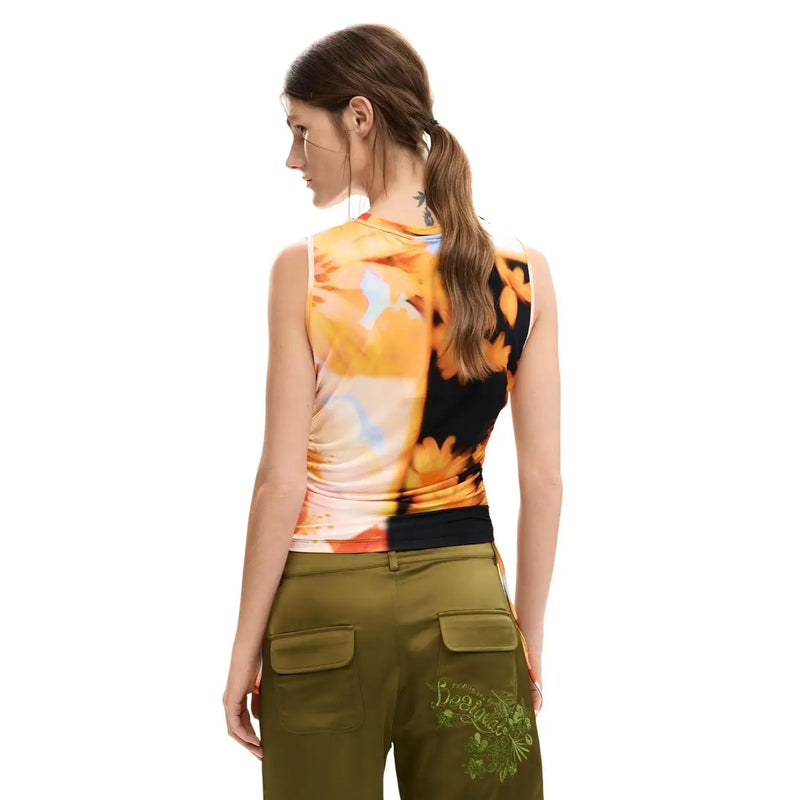 Desigual women sleeveless viscose top with a bold orange and black floral print split down the center