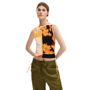 Desigual women sleeveless floral viscose crop top with vibrant orange and yellow print and ruched waistband on black background