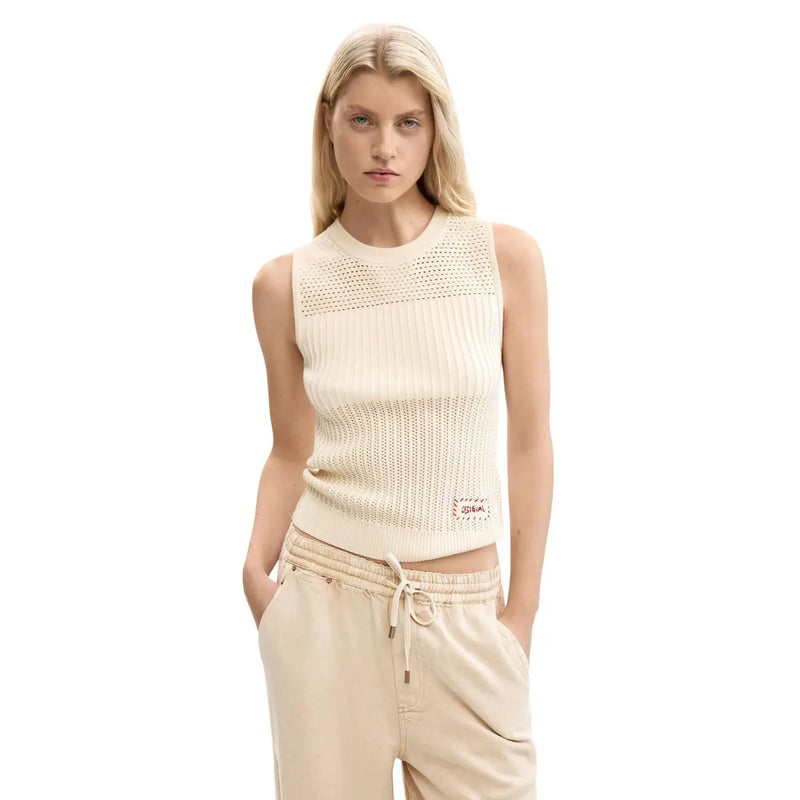 Desigual women sleeveless round neck cream ribbed cotton top with textured open-knit panel across the chest