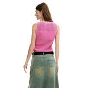 Desigual women sleeveless round neck fuchsia top cotton knit with ribbed texture and slightly cropped fit