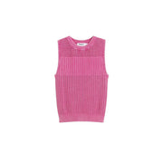 Desigual women sleeveless round neck fuchsia cotton top with ribbed texture and crochet neckline detailing