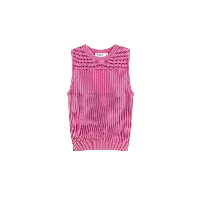 Desigual women sleeveless round neck fuchsia cotton top with ribbed texture and crochet neckline detailing