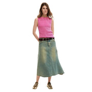 Desigual women sleeveless round neck fuchsia ribbed cotton top paired with denim skirt in vibrant pink