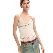 Cream-colored textured knit camisole with ruffled edges and decorative stitching from Desigual beige viscose top