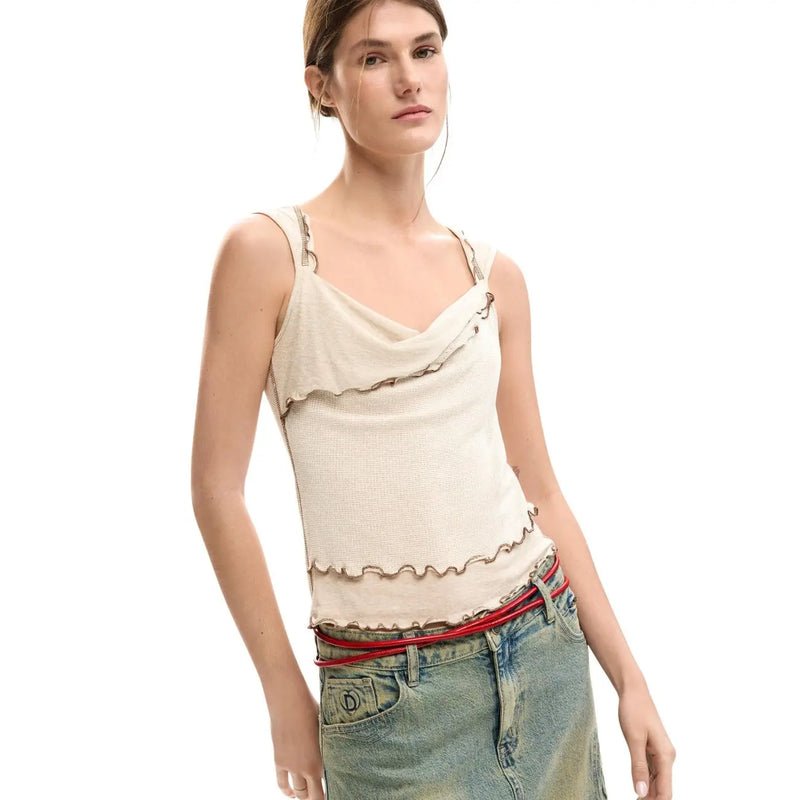 Cream-colored textured knit camisole with ruffled edges and decorative stitching from Desigual beige viscose top