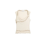 Beige viscose sleeveless v neck top with ruffled trim and draped neckline featuring desigual brand label