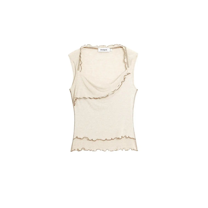 Beige viscose sleeveless v neck top with ruffled trim and draped neckline featuring desigual brand label