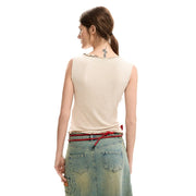 Beige viscose sleeveless v neck top with scalloped neckline from Desigual women collection 26SWTK24