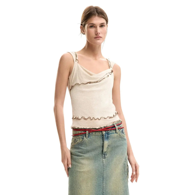 Cream-colored ribbed knit sleeveless v neck top with ruffled trim in viscose by Desigual for women
