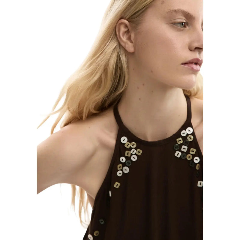 Desigual women brown sleeveless lyocell top with round neck and decorative white and gold buttons on black halter neckline