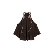 Desigual women brown sleeveless lyocell top with black halter neck and silver square sequins decorative pattern