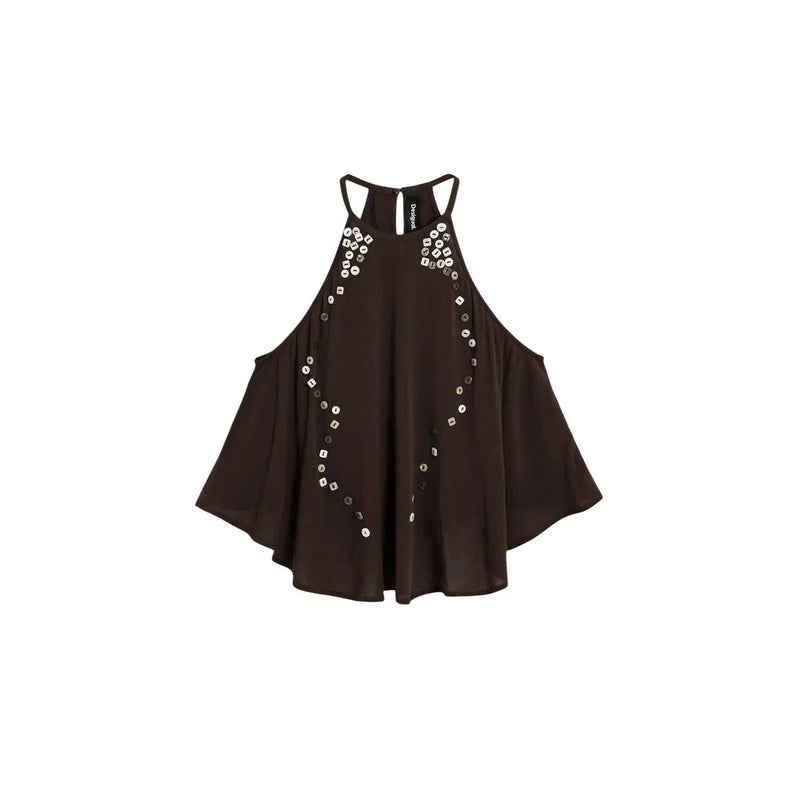 Desigual women brown sleeveless lyocell top with black halter neck and silver square sequins decorative pattern