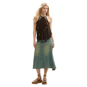 Desigual women brown sleeveless lyocell top with halter neck and silver embellishments along neckline and sides