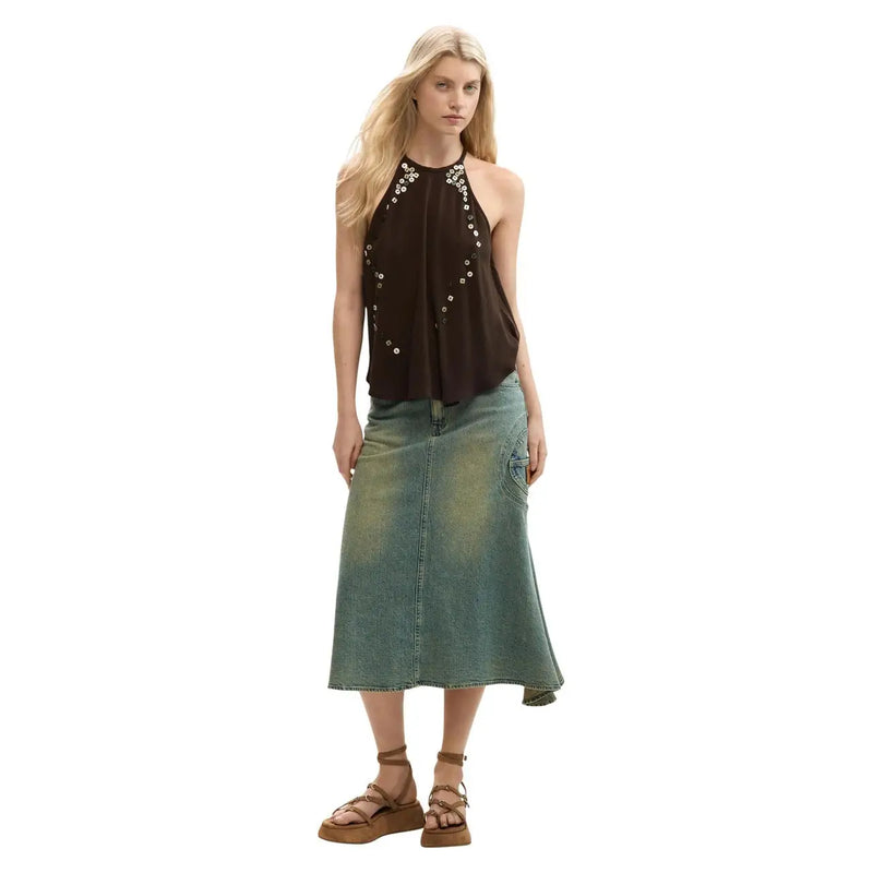 Desigual women brown sleeveless lyocell top with halter neck and silver embellishments along neckline and sides