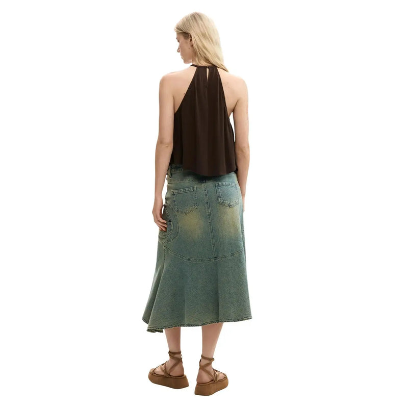 Desigual women top brown sleeveless halter neck lyocell fabric shown from the back with olive green denim skirt