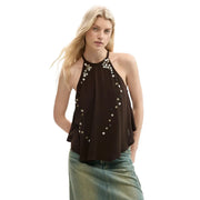 Desigual women brown lyocell sleeveless top with halter neck and silver sequin vertical line pattern