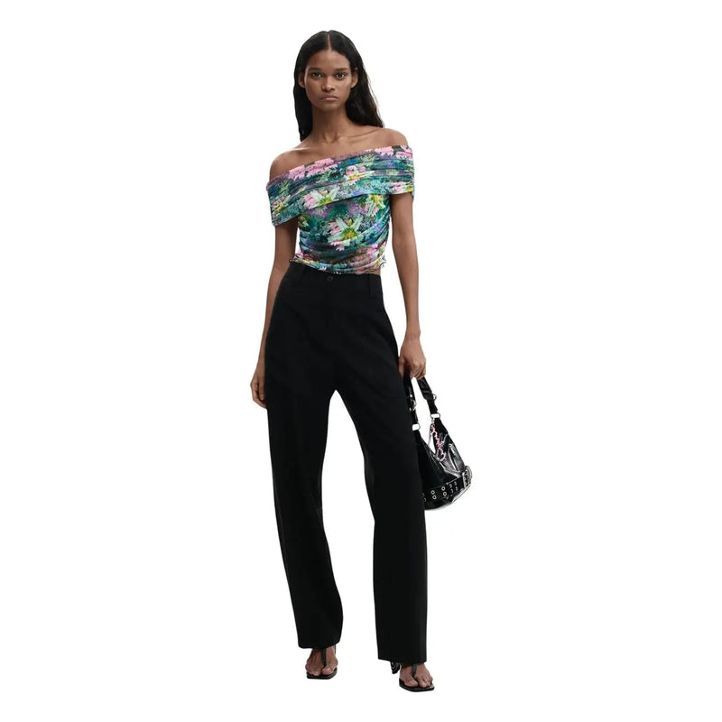 Black studded handbag with glossy finish and chain strap paired with desigual women top floral light blue boat neck short sleeves
