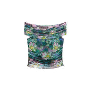 Desigual women top floral light blue boat neck with ruched off the shoulder vibrant floral print in green and purple