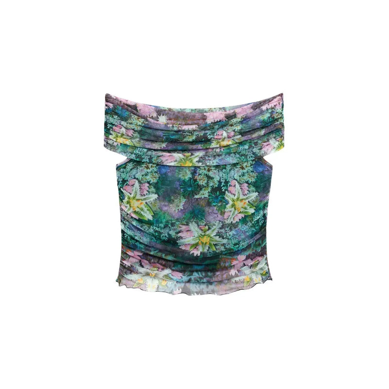 Desigual women top floral light blue boat neck with ruched off the shoulder vibrant floral print in green and purple