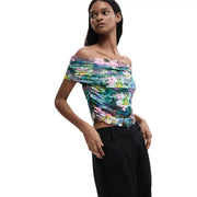 Desigual women top floral light blue boat neck short sleeves with vibrant off-the-shoulder ruched floral print