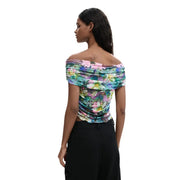 Desigual women top floral light blue boat neck short sleeves with off-the-shoulder ruched design and colorful floral pattern