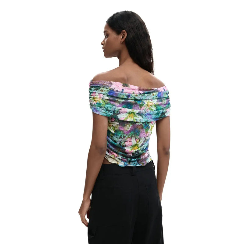 Desigual women top floral light blue boat neck short sleeves with off-the-shoulder ruched design and colorful floral pattern