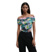 Desigual women top floral light blue boat neck short sleeves with vibrant off-the-shoulder ruched floral pattern