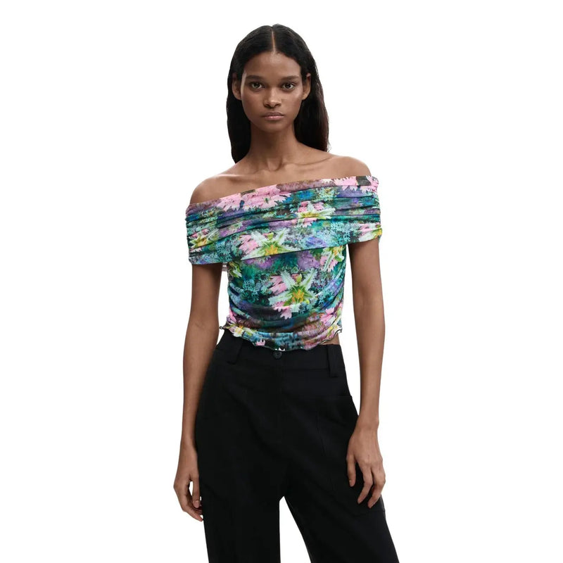 Desigual women top floral light blue boat neck short sleeves with vibrant off-the-shoulder ruched floral pattern