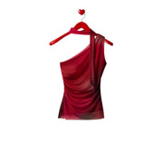 Desigual women top red sleeveless single shoulder sheer one-shoulder top with draped fabric and fitted silhouette