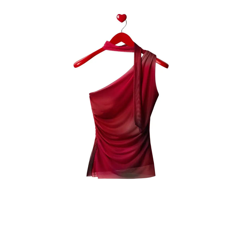 Desigual women top red sleeveless single shoulder sheer one-shoulder top with draped fabric and fitted silhouette