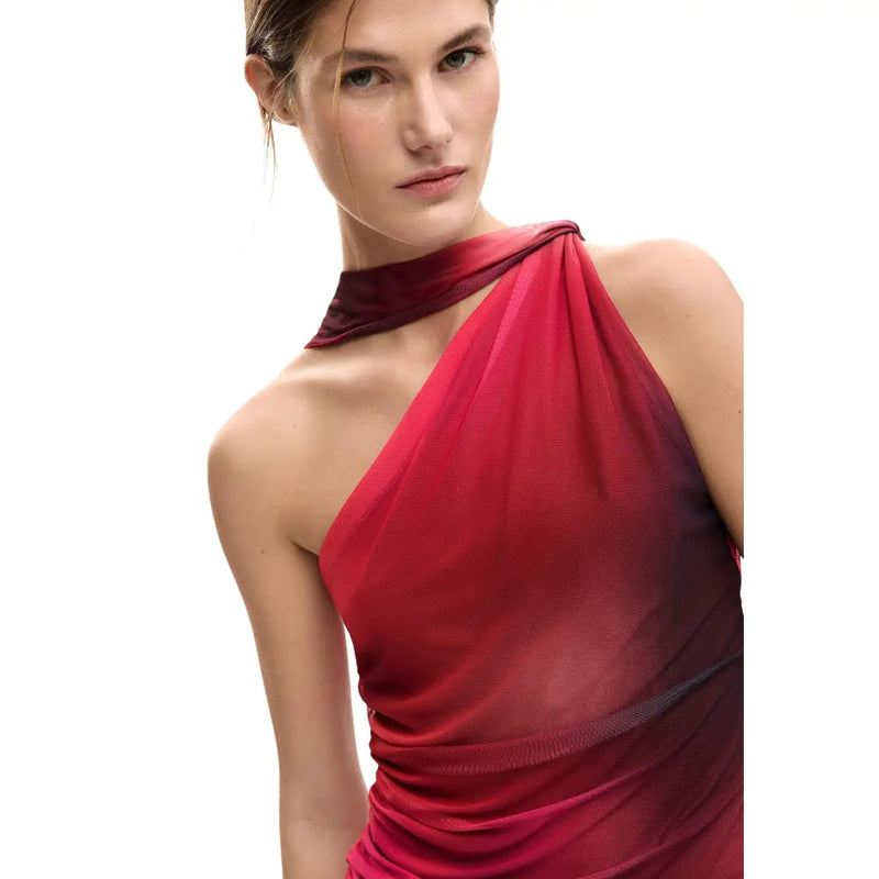 Desigual women top red sleeveless single shoulder top with flowing one-shoulder design and gradient fade in lightweight fabric