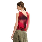 Desigual women top red sleeveless single shoulder top showing the vibrant red and black gradient flowing asymmetrical back