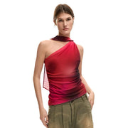 Desigual women top red sleeveless single shoulder top with vibrant draped asymmetrical design fading to dark burgundy hem