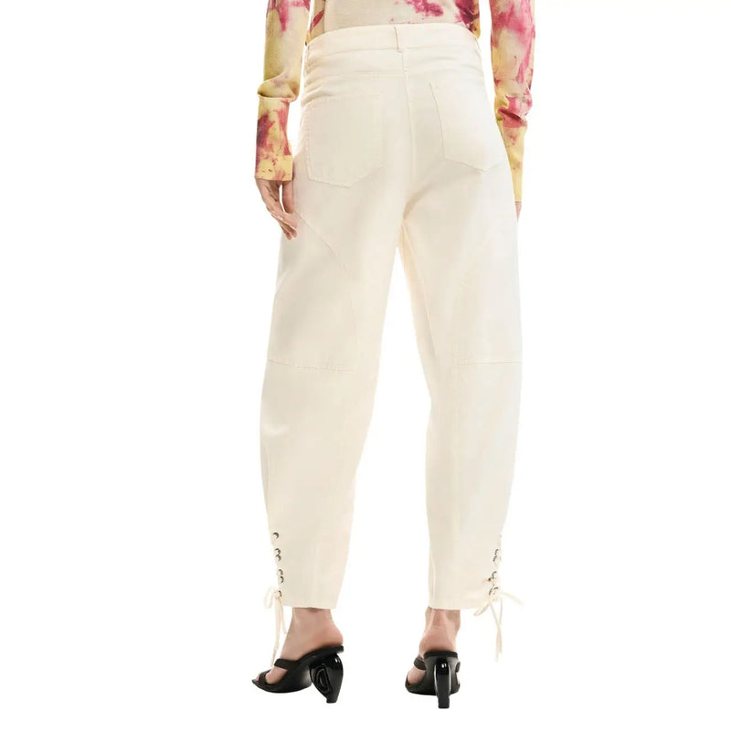 Cream-colored Desigual women high-waisted cotton trousers with lace-up cuffs and front back pockets in beige