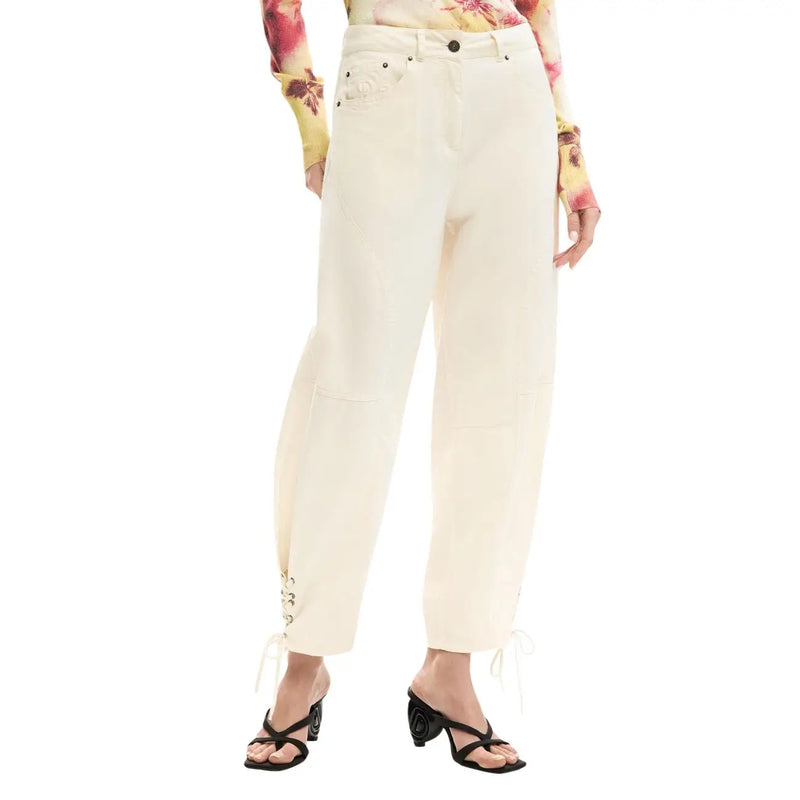 Cream-colored Desigual high-waisted cotton trousers with lace-up cuffs and front and back pockets