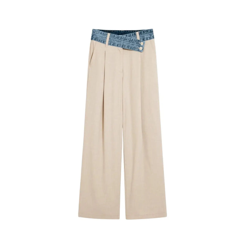 Beige wide-leg women trousers with denim waistband and two buttons in viscose blend by desigual