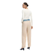 Desigual women beige wide-leg viscose blend trousers with straight cut and contrasting blue denim belt front view