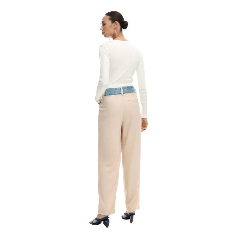 Desigual women beige wide-leg viscose blend trousers with straight cut and contrasting blue denim belt front view