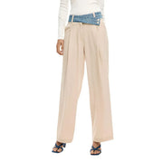 Beige wide-leg viscose blend trousers by Desigual with denim belt detail and zip button closure at the waist