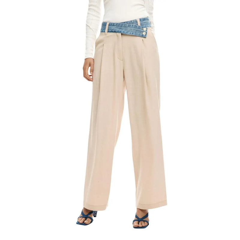 Beige wide-leg viscose blend trousers by Desigual with denim belt detail and zip button closure at the waist