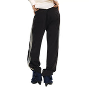 Desigual women trousers black cotton blend slim fit track pants with silver reflective stripes and cuffed hems
