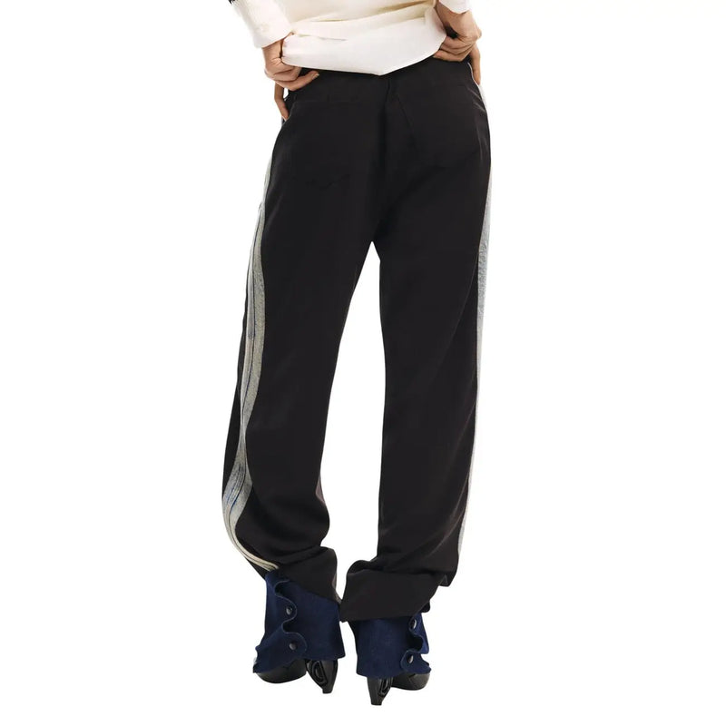 Desigual women trousers black cotton blend slim fit track pants with silver reflective stripes and cuffed hems
