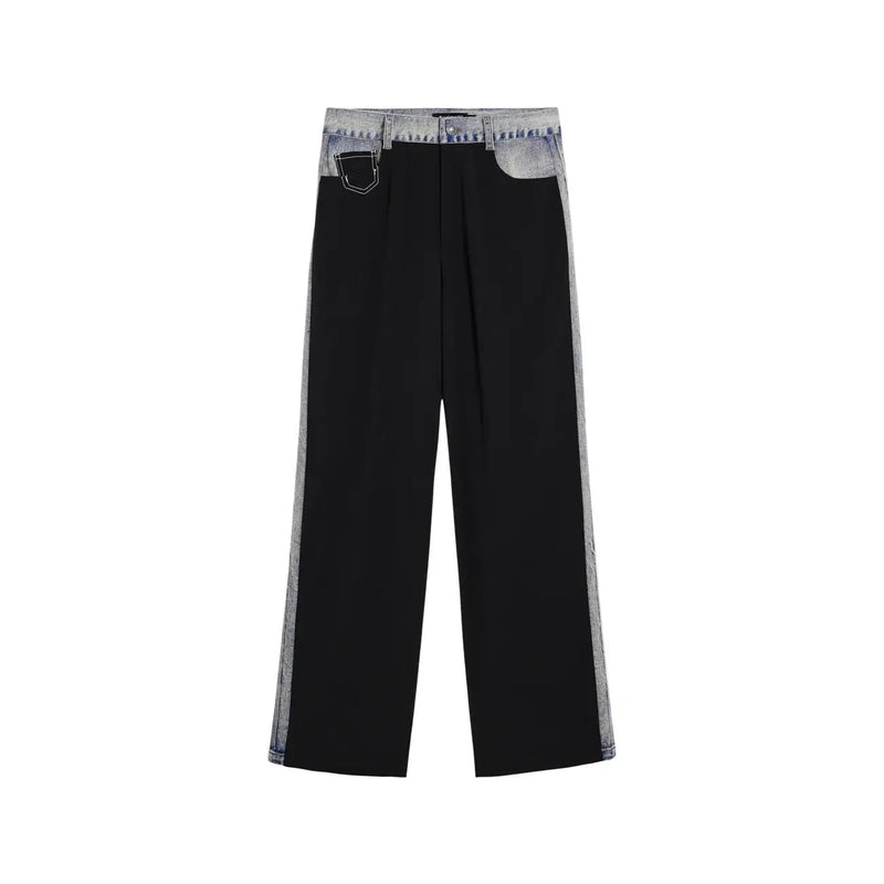 Desigual women trousers black cotton blend slim fit with light-wash denim panels on sides and waistband size 26