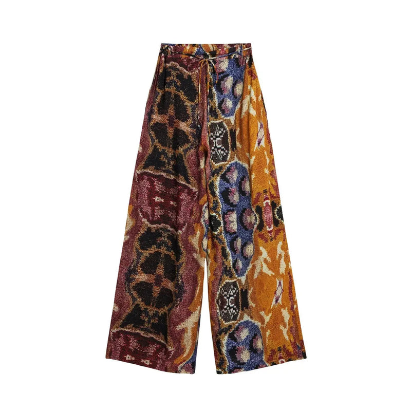 Desigual women trousers mustard viscose with belt featuring wide-leg vibrant orange maroon blue black tie-waist pattern